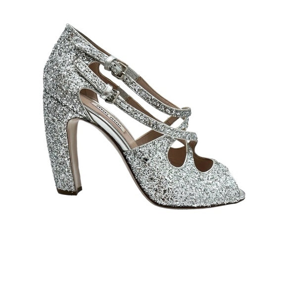 MIU MIU SILVER GLITTER OPEN TOE 2 STRAP CRISS CROSS 4" HEEL SANDALSl - Picture 11 of 16
